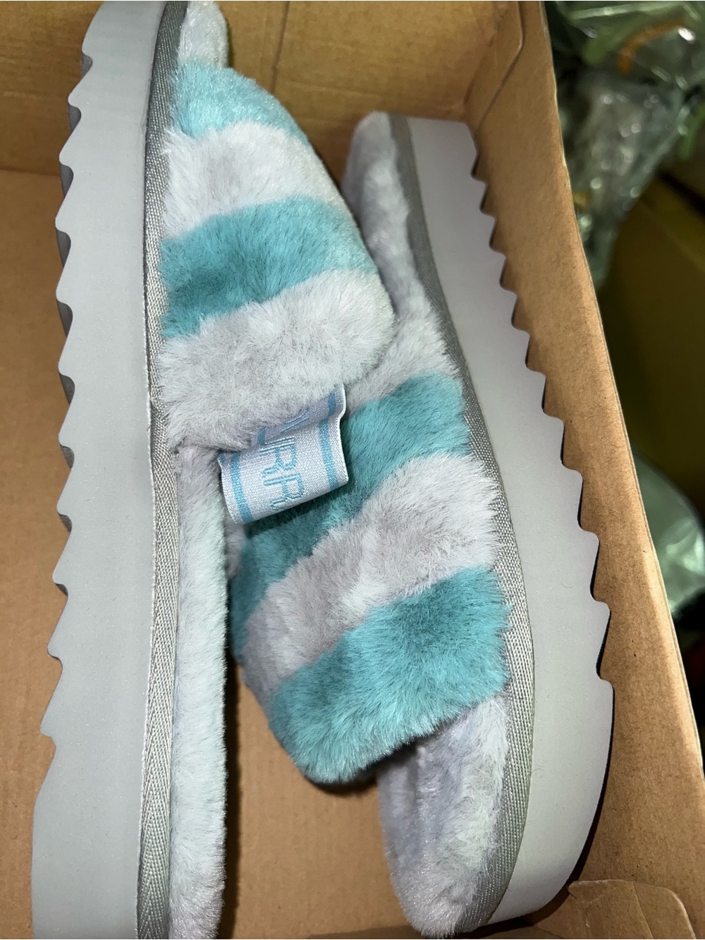 Plush Striped Slide Slippers - Aqua & Gray